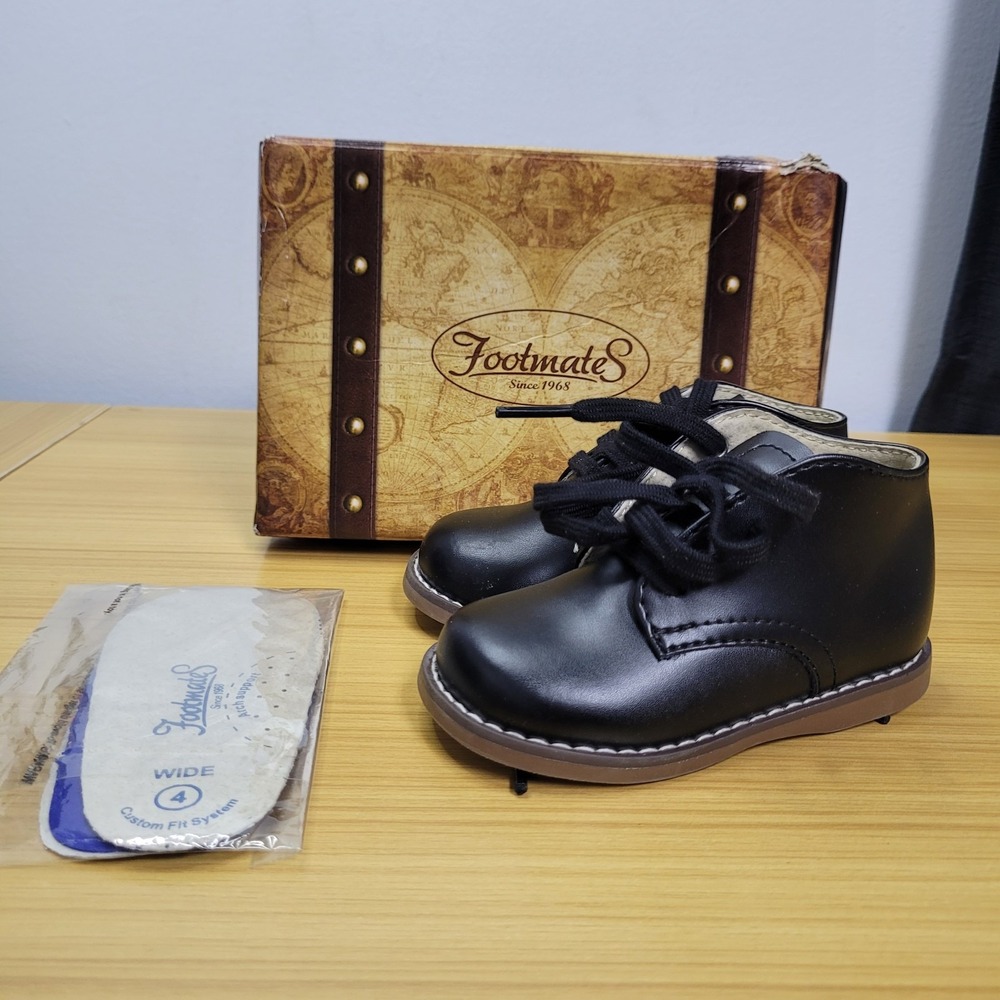 FootMates Todd-7792 Black Size 4 Leather Booties Boots Kids Boys New